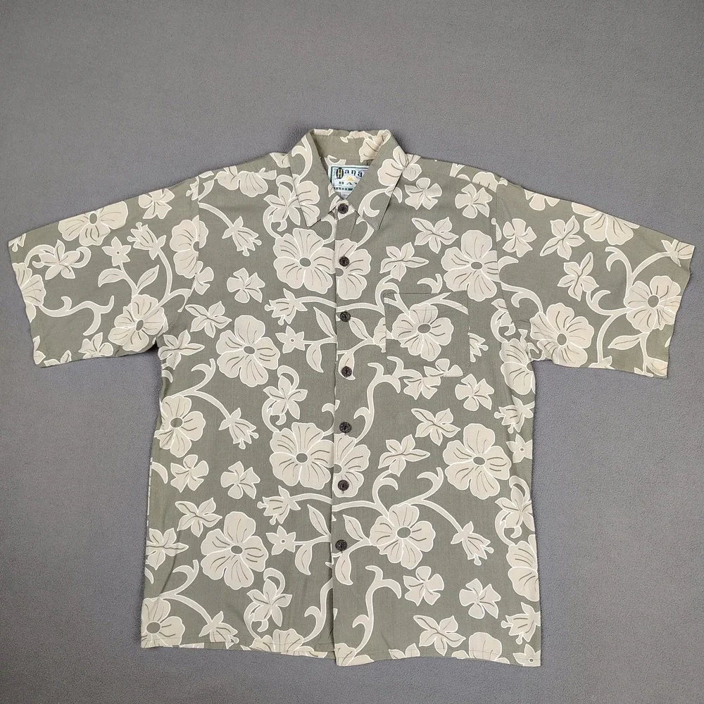 VINTAGE Hana Bay Hawaiian Shirt Medium Relaxed Sage Green Floral Print Cruise EC